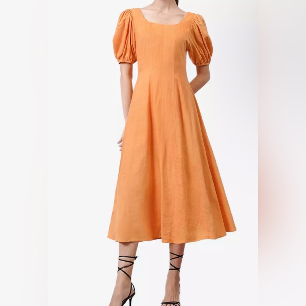 Saturday Club, Yellow Linen Rayon Puff Sleeve Midi Dress, Size S | 0047